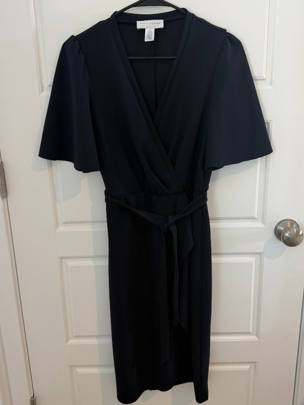 Donna Morgan Black Wrap Dress Flutter Sleeve Tie Waist Midi Sheath Size 6